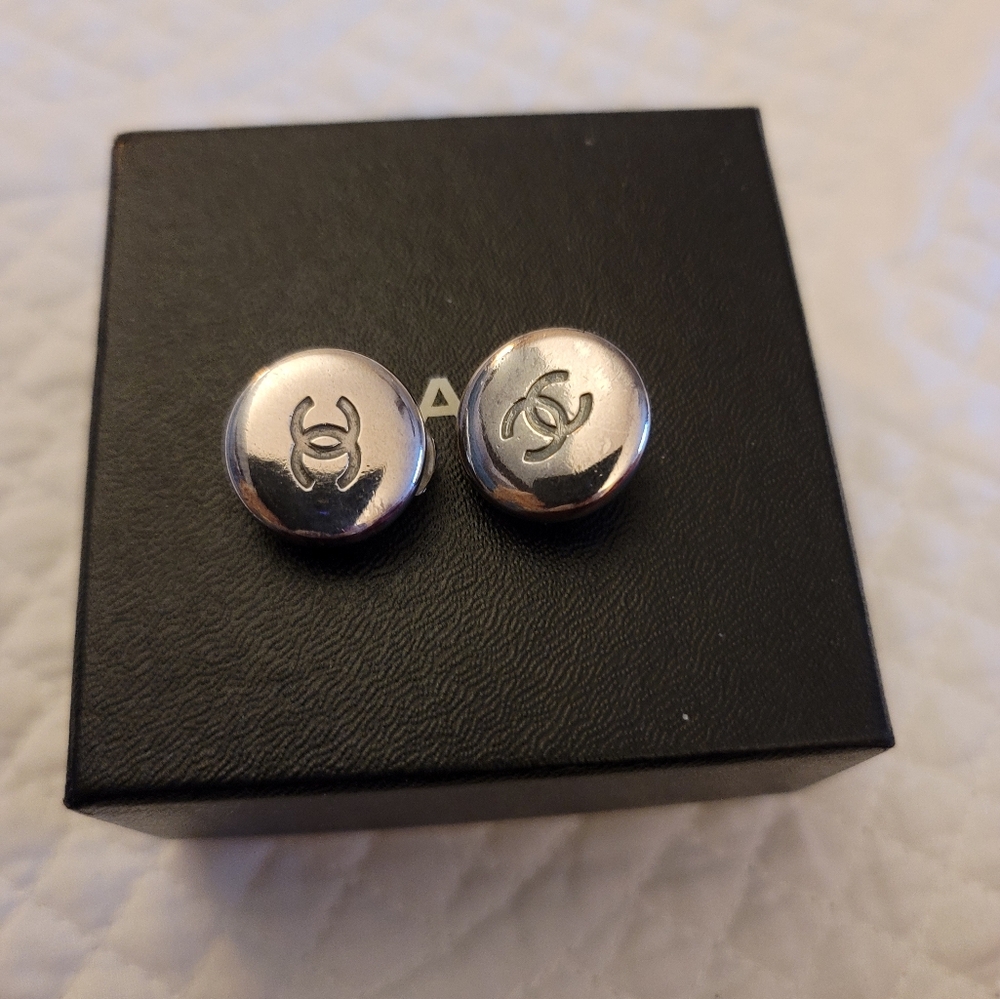 AUTH Chanel Silvertone Logo Earrings